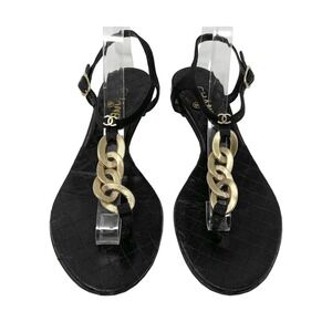 Chanel Black Quilted Leather Chain Thong Sandals Gold CC Size 38